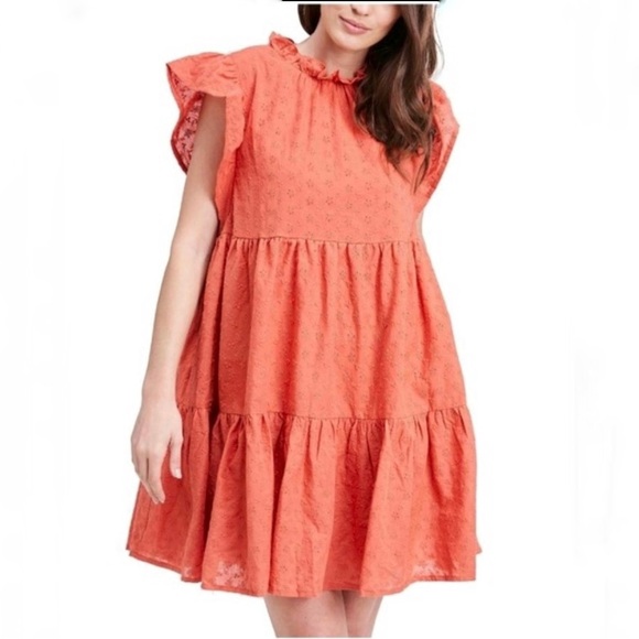 EN SAISON EYELET FLUTTER SLEEVE WASHED COTTON ORANGE BABYDOLL RUFFLED MI… - Picture 15 of 16
